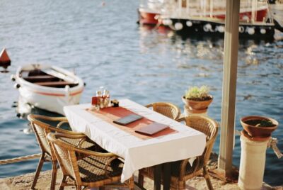 Table and chairs at the pier