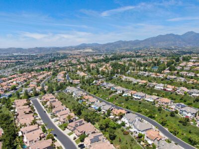 Aerial view of master-planned private communities with big villas with swimming pool, Mission Viejo