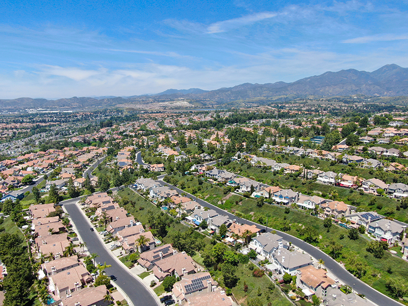 Aerial view of master-planned private communities with big villas with swimming pool, Mission Viejo