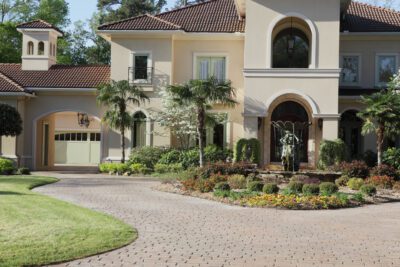 Luxury home exterior under early morning light.